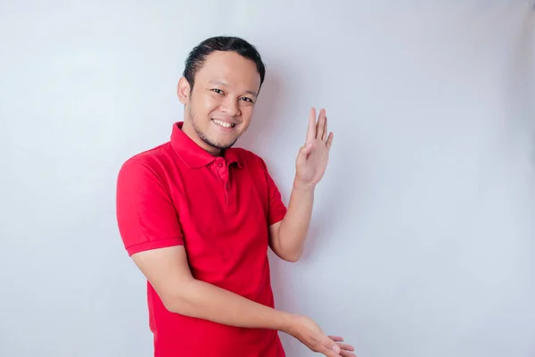 Smiling Beautiful Asian Man Pointing Finger Empty Space Him Isolated — Stock Photo, Image