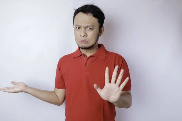Attractive Asian Man Hand Gesture Pose Rejection Prohibition While Pointing — Stock Photo, Image