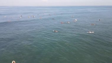 Aerial view of people surfing on waves with surfboards when vacation in Bali, Indonesia .
