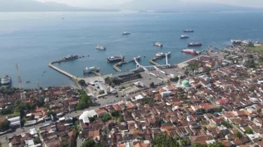 Aerial view of Port in Banyuwangi Indonesia with ferry in Bali Ocean