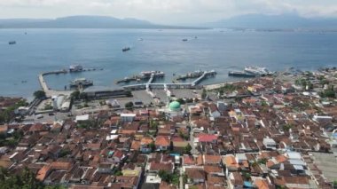 Aerial view of Port in Banyuwangi Indonesia with ferry in Bali Ocean