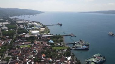 Aerial view of Port in Banyuwangi Indonesia with ferry in Bali Ocean