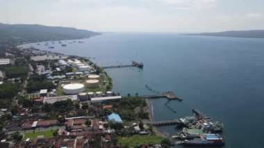 Aerial view of Port in Banyuwangi Indonesia with ferry in Bali Ocean