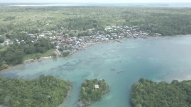Endonezya 'nın Maluku şehrinde küçük bir adanın bulunduğu güzel sahil yakınlarındaki köyün hava manzarası.