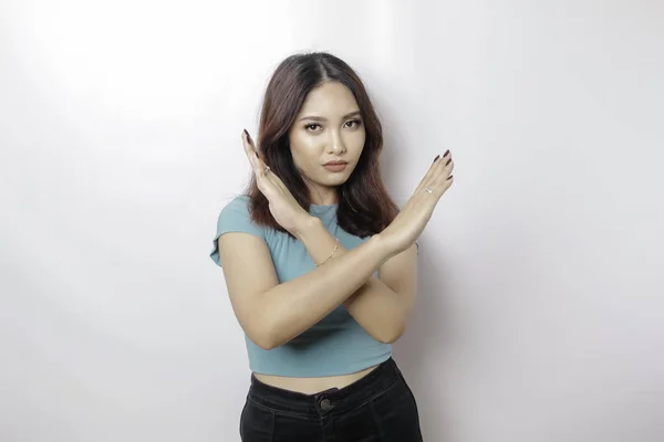 Hareketleriyle Mavi Gömlek Giyen Güzel Asyalı Kadın Reddedilme Fotokopi Alanının — Stok fotoğraf