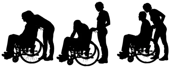 Διάνυσμα σιλουέτες των ανθρώπων σε μια αναπηρική καρέκλα. — Διανυσματικό Αρχείο