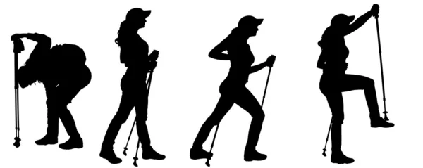 Vector silhouettes of people with trekking stick. — Stock Vector