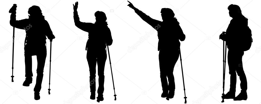 Vector silhouettes of people with trekking stick.