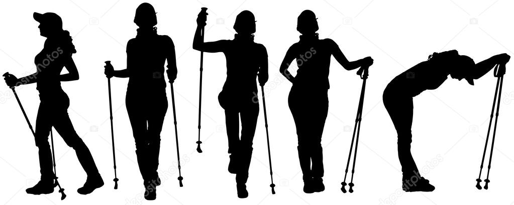 Vector silhouettes of people with trekking stick.