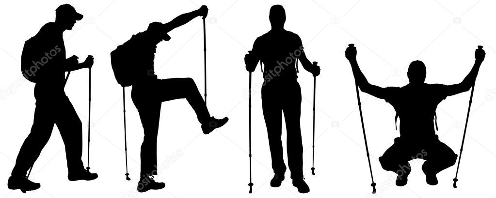 Vector silhouettes of people with trekking stick.