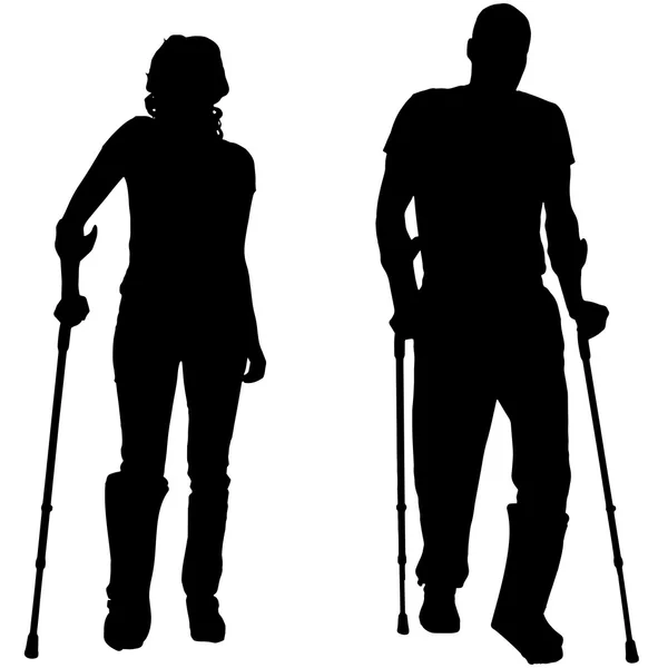 Vector silhouettes of people with crutch. — Stock Vector