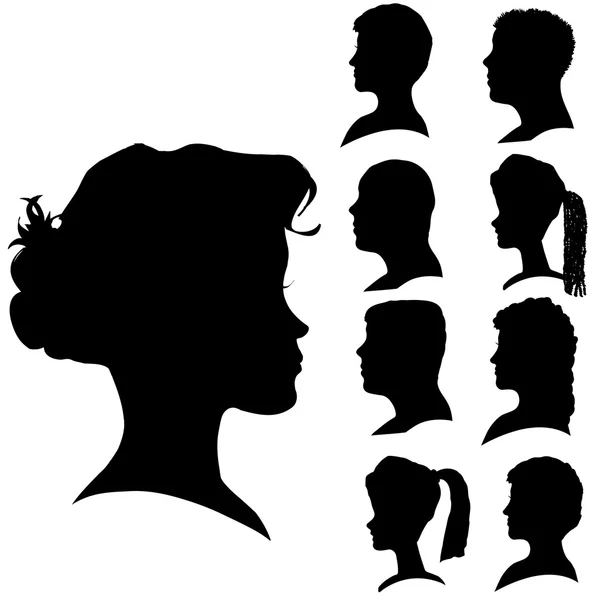 Vector silhouettes of different faces. — Stock Vector