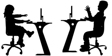 vektör siluet bir çocuk bir bilgisayarla senkronize edin.
