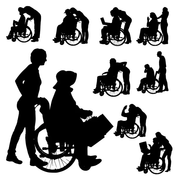 Sílhuetas vetoriais de pessoas em uma cadeira de rodas . — Vetor de Stock