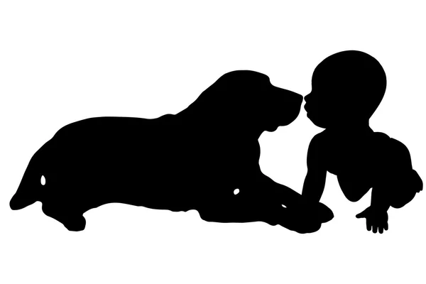 Sílhueta vetorial de um bebê com um cachorro . — Vetor de Stock