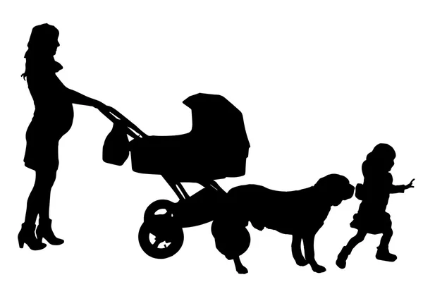 Silhouette vettoriale di una donna con una carrozzina . — Vettoriale Stock