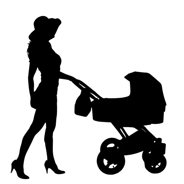 Vektor silhuett av en kvinna med barnvagn. — Stock vektor