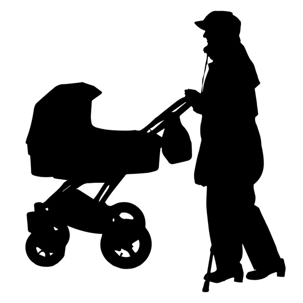 Vector silhouette of a woman with a pram. — Stock Vector