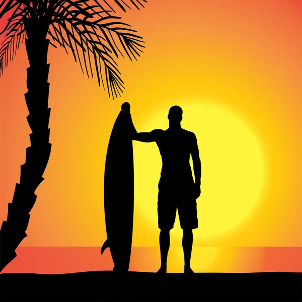 Vector silhouette of a man with a surfboard. — Stock Vector