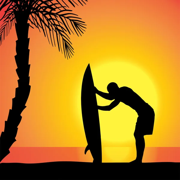 Vector silhouette of a man with a surfboard. — Stock Vector