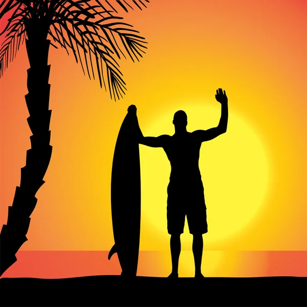 Sörf tahtası olan bir adam siluet vektör. — Stok Vektör