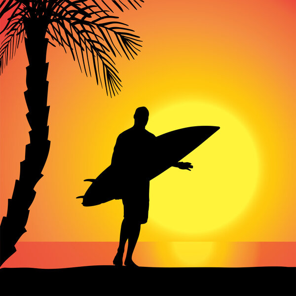 Vector silhouette of a man with a surfboard.