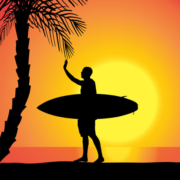 Vector silhouette of a man with a surfboard.