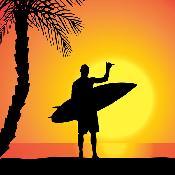 Vector silhouette of a man with a surfboard.