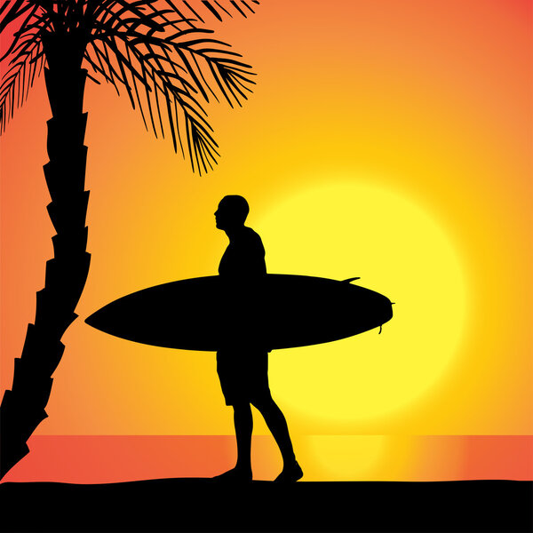 Vector silhouette of a man with a surfboard.