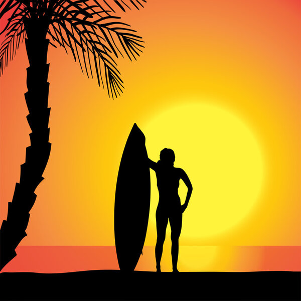 Vector silhouette of a woman with a surfboard.