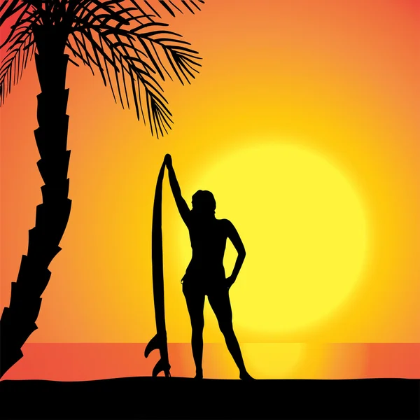 Silhouette vectorielle d'une femme avec une planche de surf . — Image vectorielle