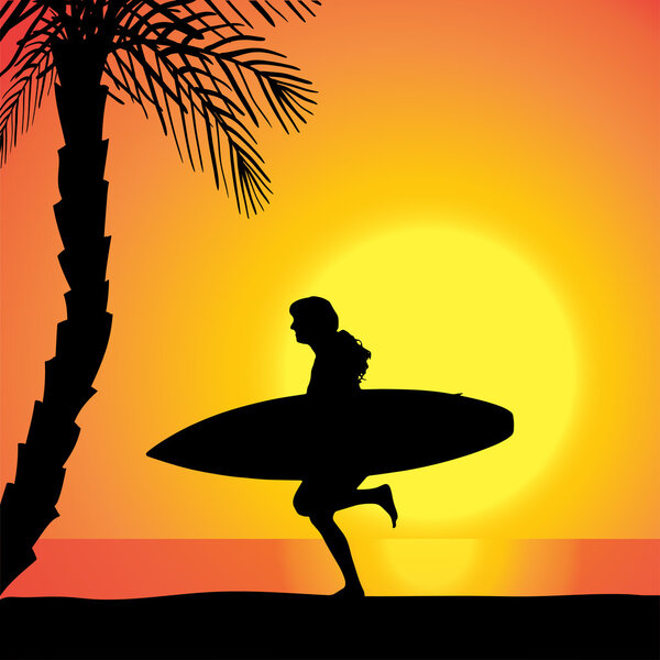 Vector silhouette of a woman with a surfboard.