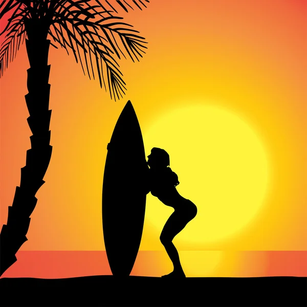 Vector silhouette of a woman with a surfboard. — Stock Vector