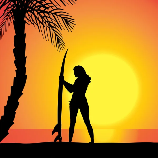 Silhouette vettoriale di una donna con una tavola da surf . — Vettoriale Stock