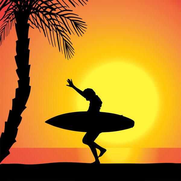 Vector silhouette of a woman with a surfboard.