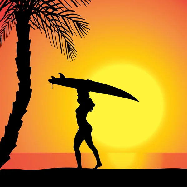 Silhouette vettoriale di una donna con una tavola da surf . — Vettoriale Stock
