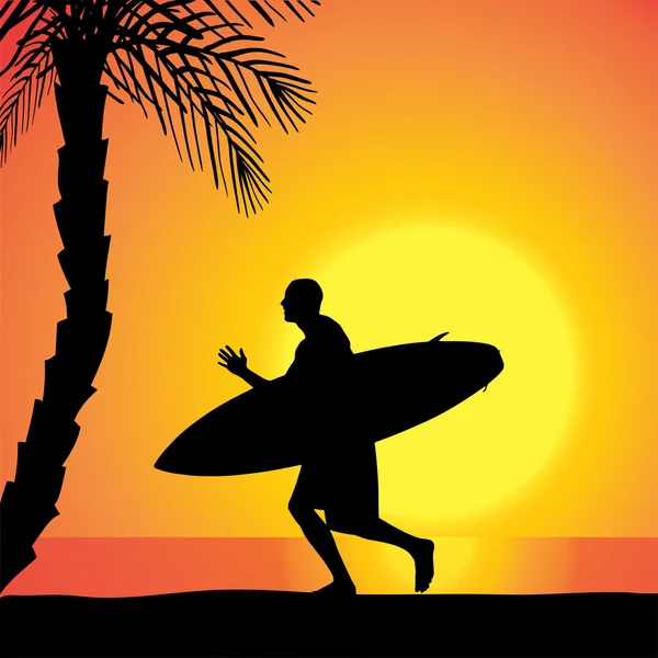 Vector silhouette of a man with a surfboard. — Stock Vector