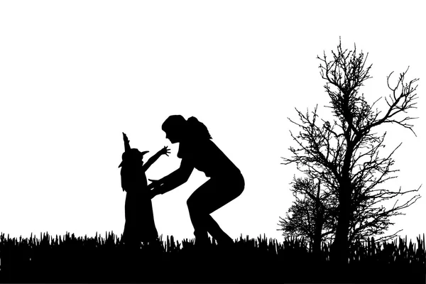 Jäger mit Hund jagt Tiere im Wald schwarzweiße Silhouette