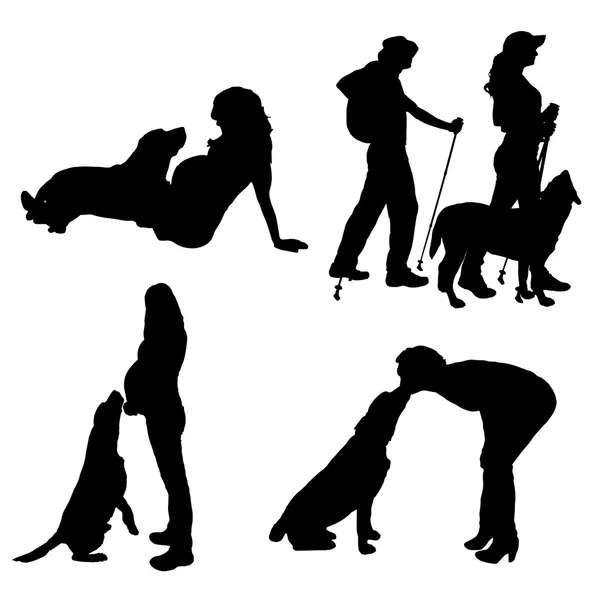 Vector silhouet van mensen met hond. — Stockvector