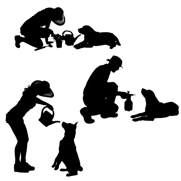 Silhouette vectorielle de personnes avec chien . — Image vectorielle