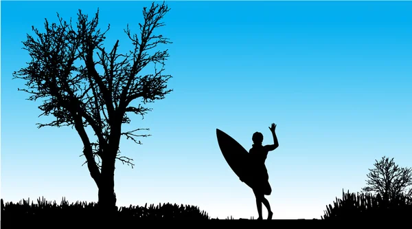 Silhouette vectorielle d'une femme avec planche de surf . — Image vectorielle