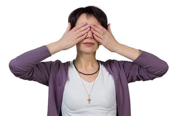 Frau bedeckt ihre Augen mit ihren Händen — Stockfoto