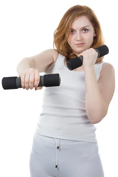 Portrait of woman with dumpbells — Stock Photo, Image