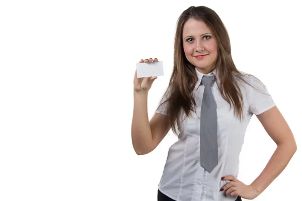 Businesswoman holding enmpty visit card — Stock Photo, Image