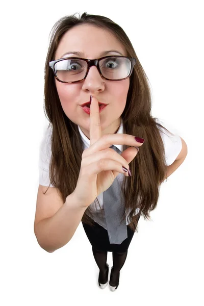 唇に指で立っている女性実業家 — ストック写真