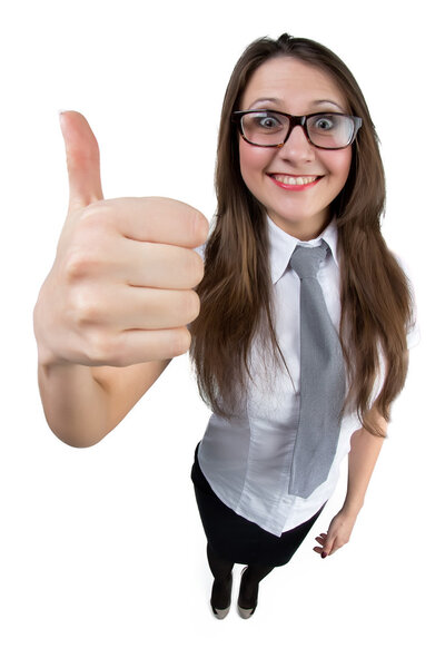 Успех женщины изолированы давая большие пальцы вверх знак
