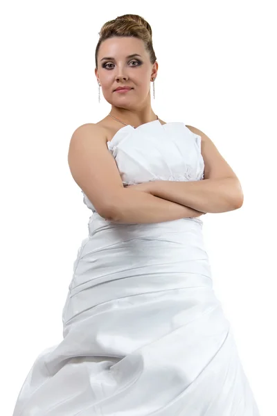 Woman in white wedding dress lloking at camera — Stock Photo, Image