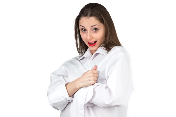 Kvinnan i vit skjorta surorised — Stockfoto