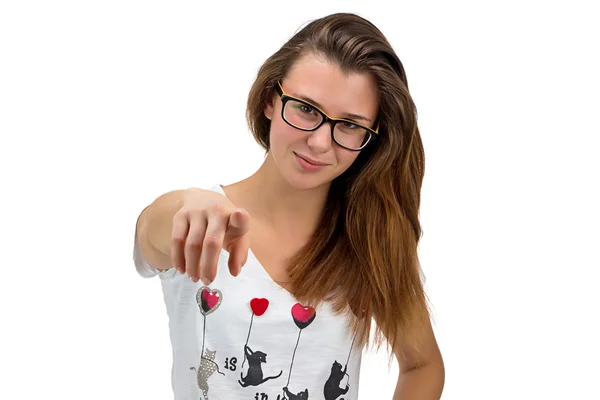 Teenager girl with glasses pointing her finger — Stock Photo, Image