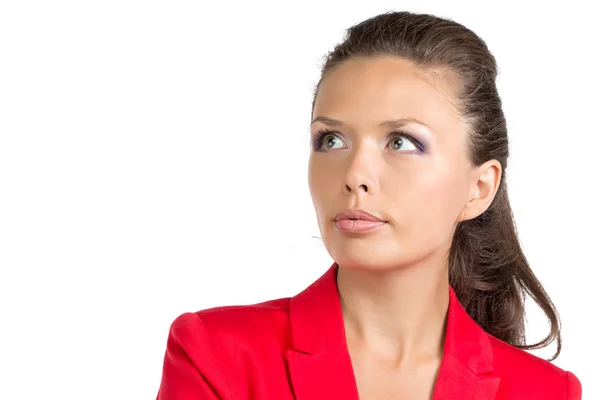 Mujer de negocios en traje rojo mirando a la derecha — Foto de Stock